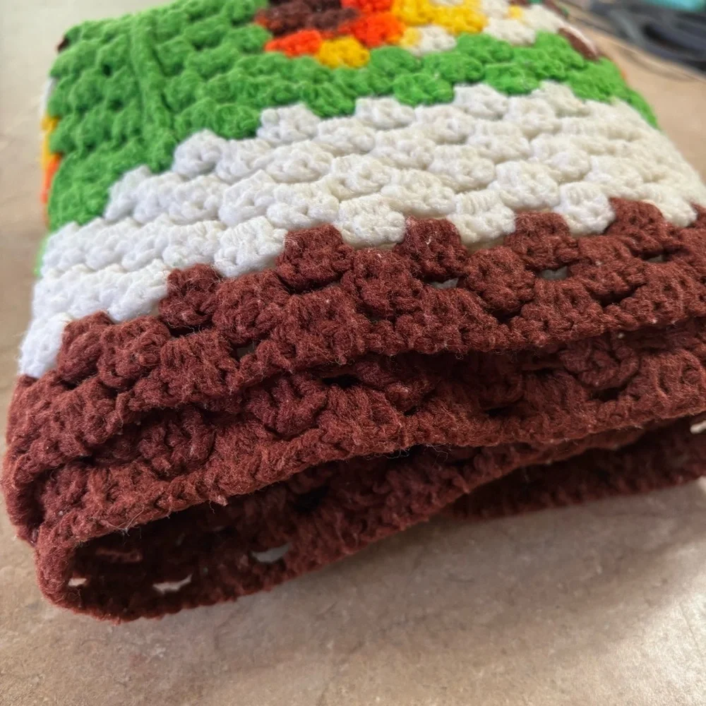 Vintage Handmade Orange/Yellow/Brown/Green 1970s Crochet Short Table Runner